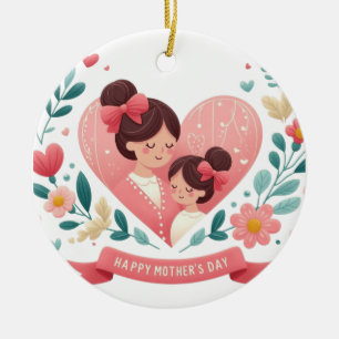 Mother & Daughter Floral Heart- Happy Mother's Day Ceramic Ornament