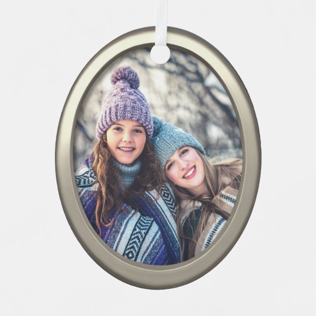  Mother & Daughter Modern Silver Custom Photo Oval Metal Ornament (Front)
