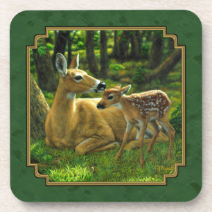 Mother Deer and Fawn Forest Green Coaster