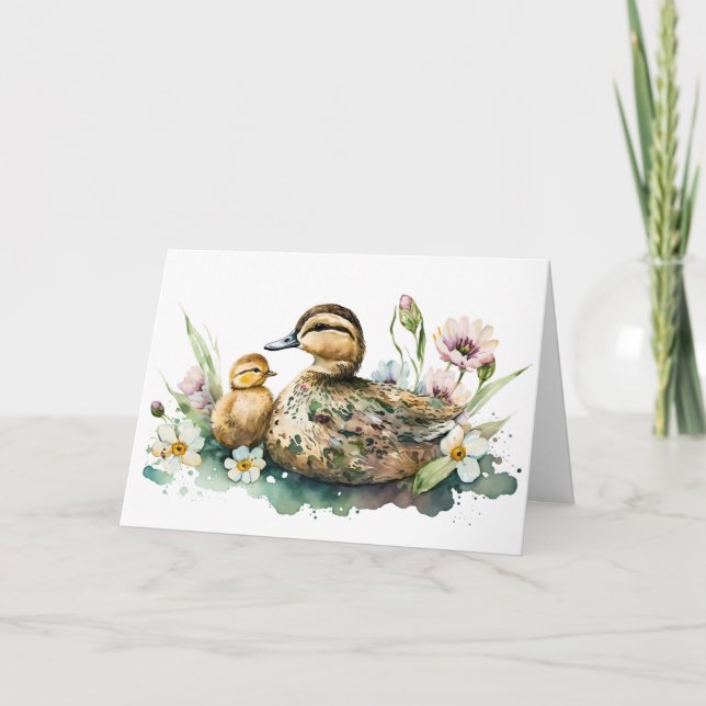 Mother Duck and Duckling Watercolor Card (Front)