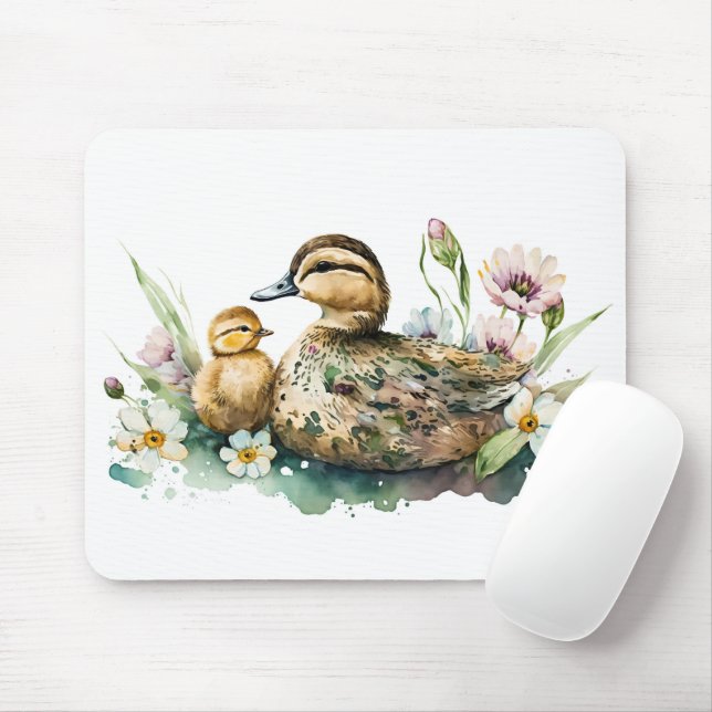 Mother Duck and Duckling Watercolor Mouse Pad (With Mouse)