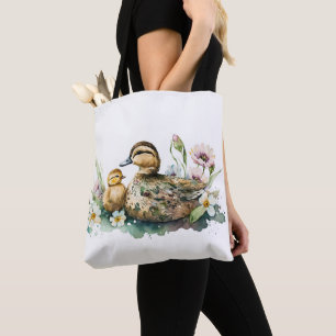 Mother Duck and Duckling Watercolor Tote Bag