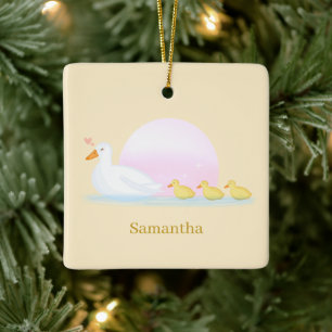 Mother Duck Swimming With Her Family Ceramic Ornament