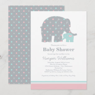 Mother Elephant Pink and Aqua Dots Baby Shower Invitation