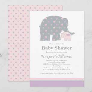 Mother Elephant Pink and Purple Dots Baby Shower Invitation