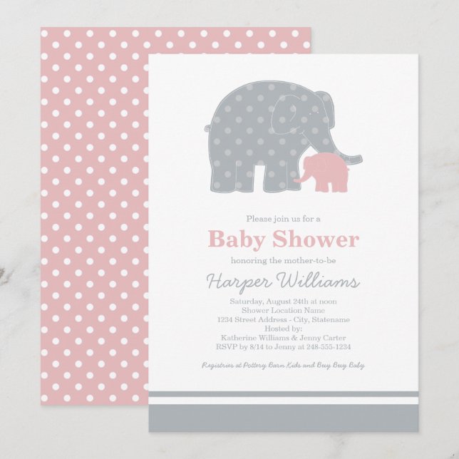 Mother Elephant Pink Grey Dots Baby Shower Invitation (Front/Back)
