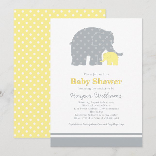 Mother Elephant Yellow Grey Dots Baby Shower Invitation (Front/Back)