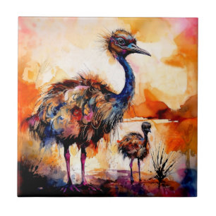 Mother Emu and Chick in Outback Australia  Tile