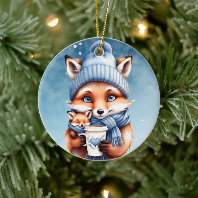Mother Fox and Baby in Blue Hat and Scarf Coffee  Ceramic Ornament (Tree)