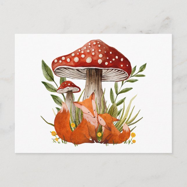 Mother Fox and Her Baby under Big Mushrooms Postcard (Front)