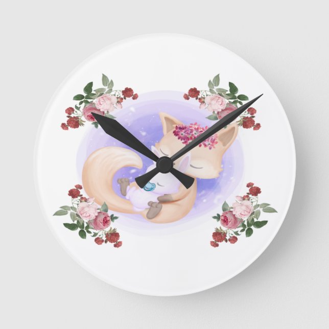 Mother Fox Hug Baby Bunny Rabbit Round Clock (Front)
