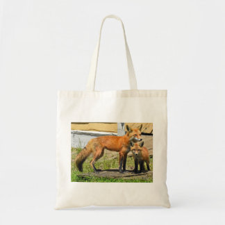 Mother fox with fox kit tote bag