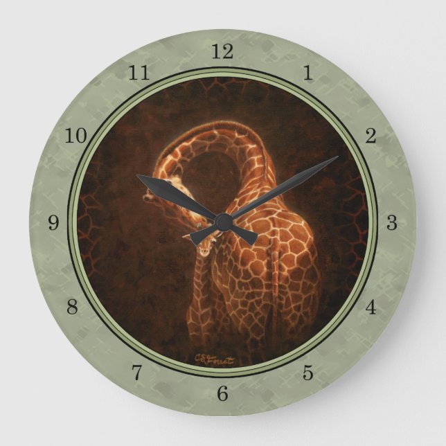 Mother Giraffe and Baby Green Round Border Large Clock (Front)