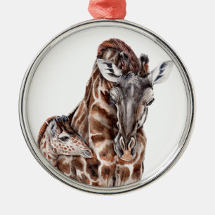 Mother Giraffe with Baby Giraffe Metal Ornament