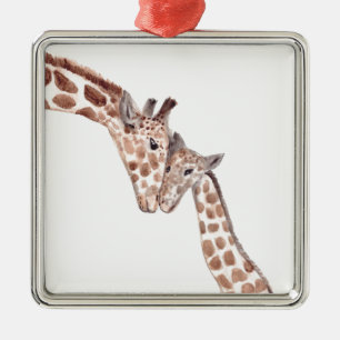Mother giraffe with baby metal ornament