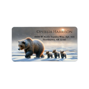 Mother Grizzly Baby Bear Cubs Frozen Arctic Tundra Label