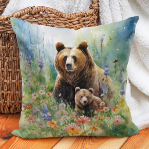 Mother Grizzly Bear Cub Flowers Painting Throw Pillow