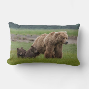 Mother Grizzly Bear with Twin Cubs Lumbar Pillow