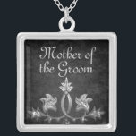 Mother groom wedding silver plated necklace<br><div class="desc">Gorgeous square silver plated pendant necklace in a grungy black with a fancy leaf design on it in silvery grey. "Mother of the Groom" is written at the top. You can re word this to say "Bride" or any other text.</div>
