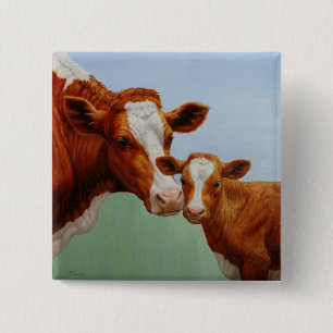 Mother Guernsey Cow and Cute Calf 2 Inch Square Button