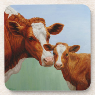 Mother Guernsey Cow and Cute Calf Coaster