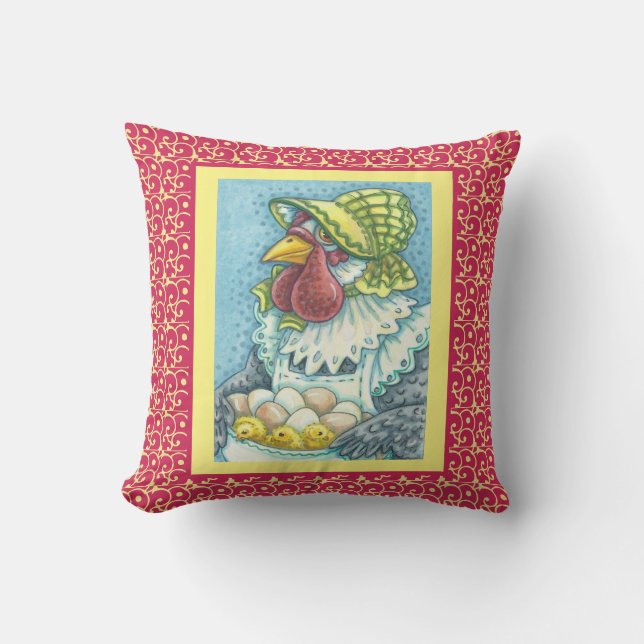 Mother Hen, Eggs & Chicks CHICKEN THROW PILLOW Red (Front)