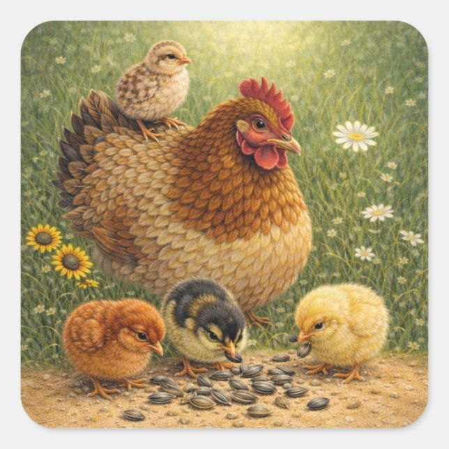 Mother Hen with Chicks Feeding on Sunflower Seeds  Square Sticker (Front)