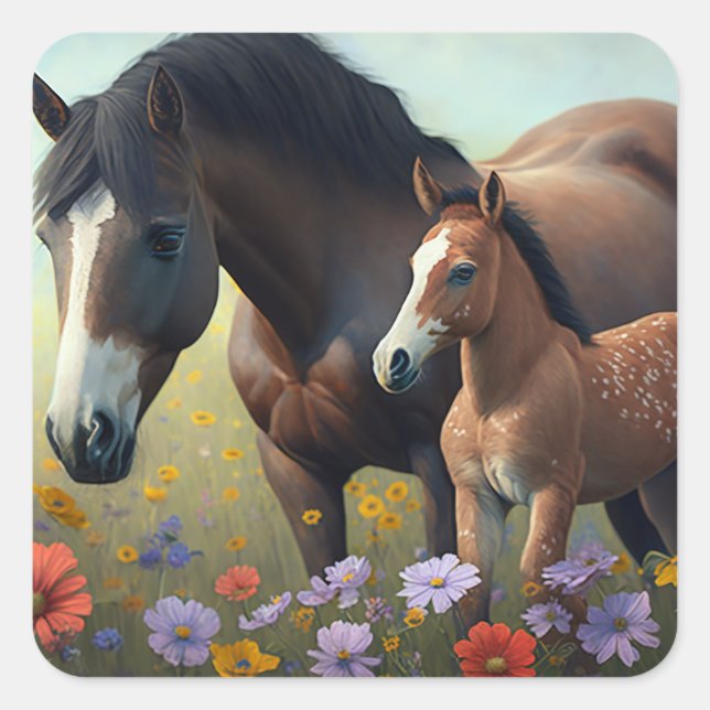 Mother Horse and Foal in a Field of Flowers  Square Sticker (Front)