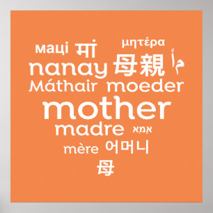 Mother in Different Languages Heart Word Cloud Poster