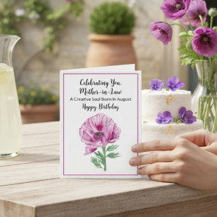 Mother in Law Happy August Birthday Purple Poppy Card