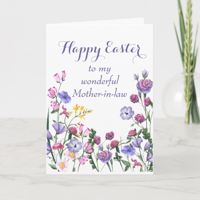 Mother-in-law Happy Easter Colourful Garden Flower Holiday Card (Front)