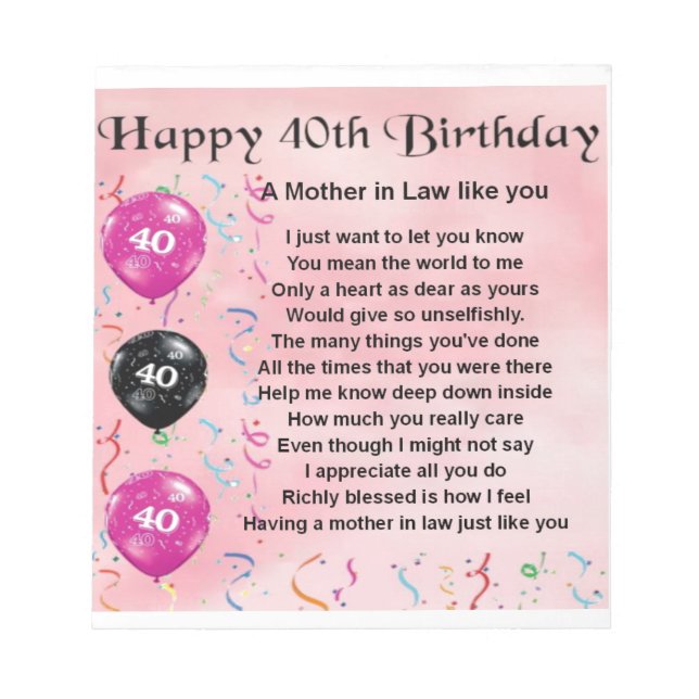 Mother in Law Poem - 40th Birthday Notepad (Front)