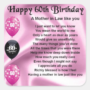 Mother in Law Poem - 60th Birthday Square Sticker