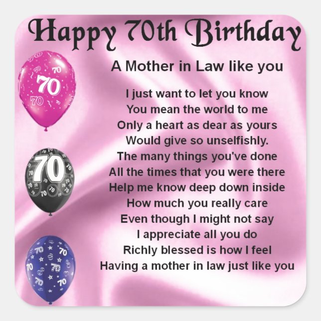 Mother in Law Poem - 70th Birthday Square Sticker (Front)