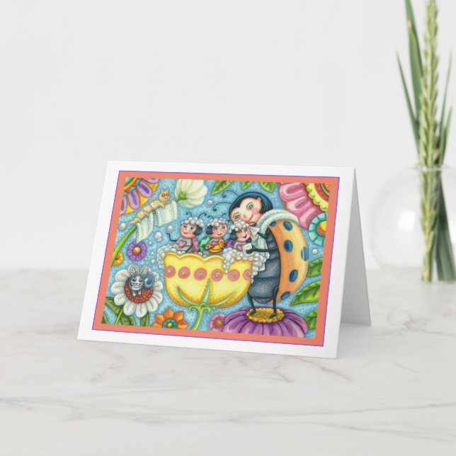 MOTHER LADYBUG & CHILDREN, TULIP BUBBLE BATH Blank Card (Front)