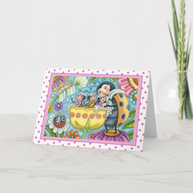 MOTHER LADYBUG & CHILDREN, TULIP TUB BUBBLE BATH HOLIDAY CARD (Front)