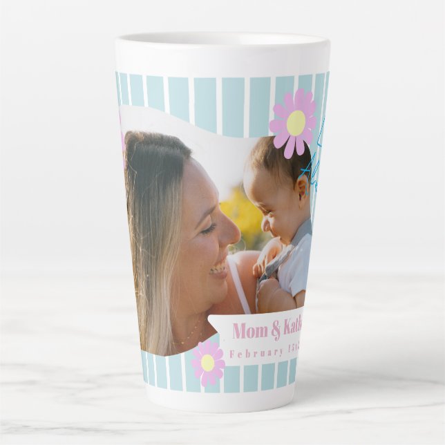 Mother Love Stripes Daisy Floral Photo Blue Latte Mug (Front)