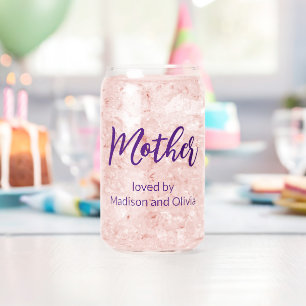 Mother Loved By Children's Names Purple Script Can Glass