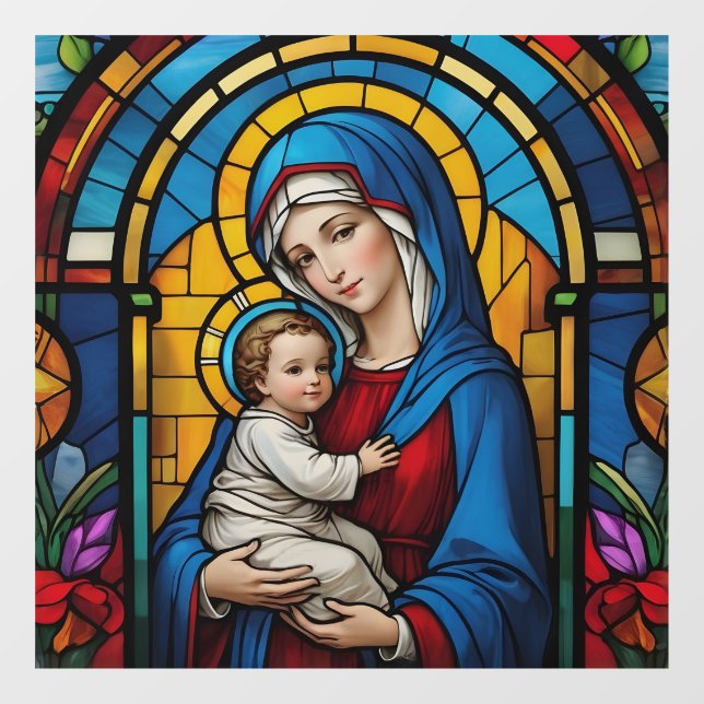 Mother Mary and Baby Jesus Christian Stained Glass Window Cling (Sheet)