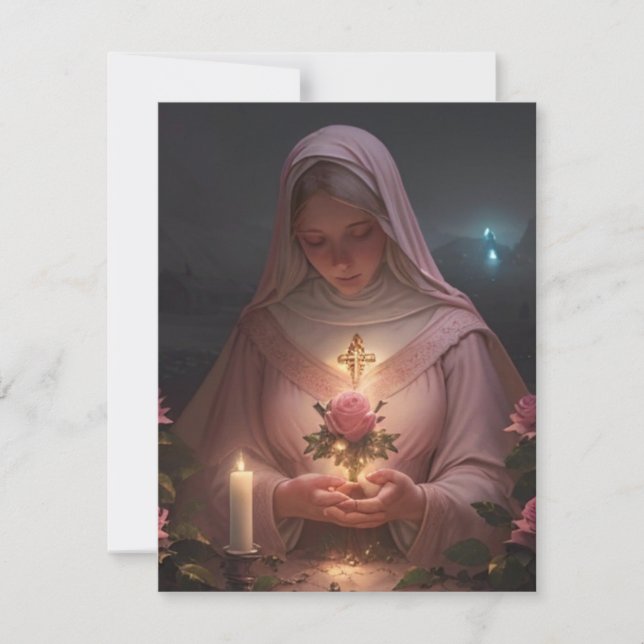 Mother Mary Pink Rose Christmas Card (Front)