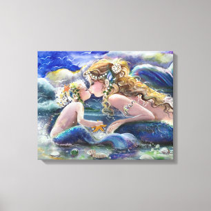 Mother Mermaid and child in Blue Canvas Print