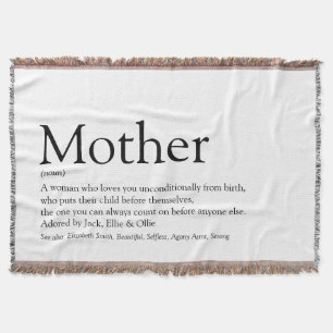 Mother Mom Definition Black and White Throw Blanke