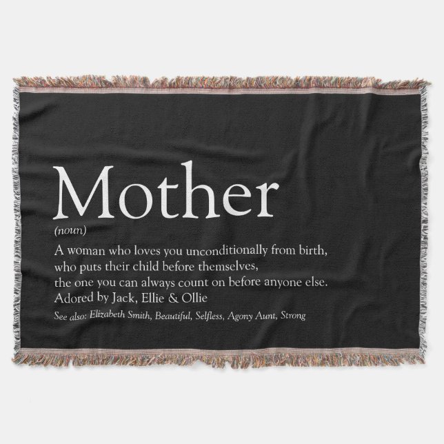 Mother Mom Definition Black and White Throw Blanket (Front)