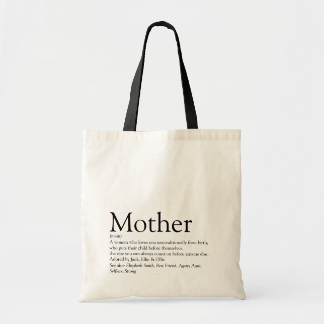 Mother Mom Definition Quote Black and White Tote Bag (Front)