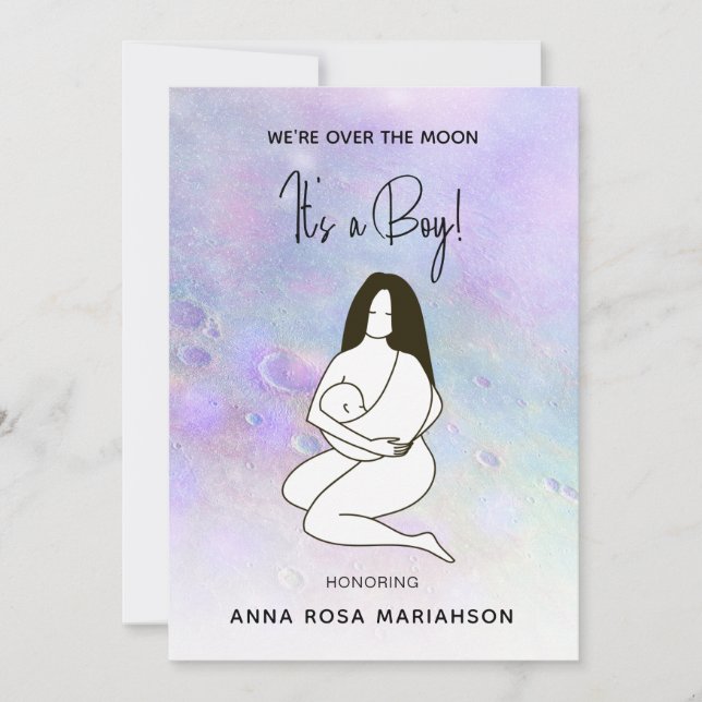 * Mother Mom Holding Baby Moon Crater Shower Boy Invitation (Front)