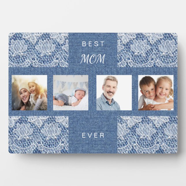 Mother mom photo collage blue denim lace plaque (Front)