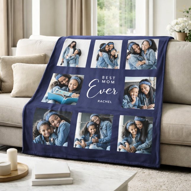 Mother mom photo collage navy blue fleece blanket (Creator Uploaded)