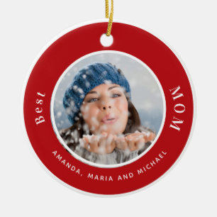 Mother mom photo red white names ceramic ornament