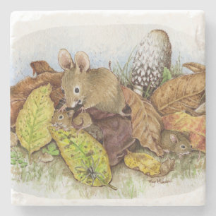 Mother Mouse and Babies in the Leaves Stone Coaster