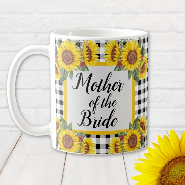 Mother of Bride Personalized Gingham Sunflowers Coffee Mug (Mother of the Bride personalized Sunflowers and Gingham Bridal Shower Gift Mug)
